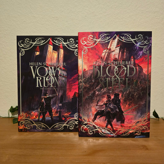 Two books titled 'Blood & Bone' and 'Vow of Ruin' by Helen Schucman on a wooden surface.