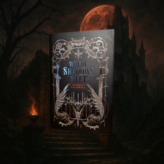 Book titled 'Where Shadows Meet' by Patrice Caldwell with a dark, eerie background.