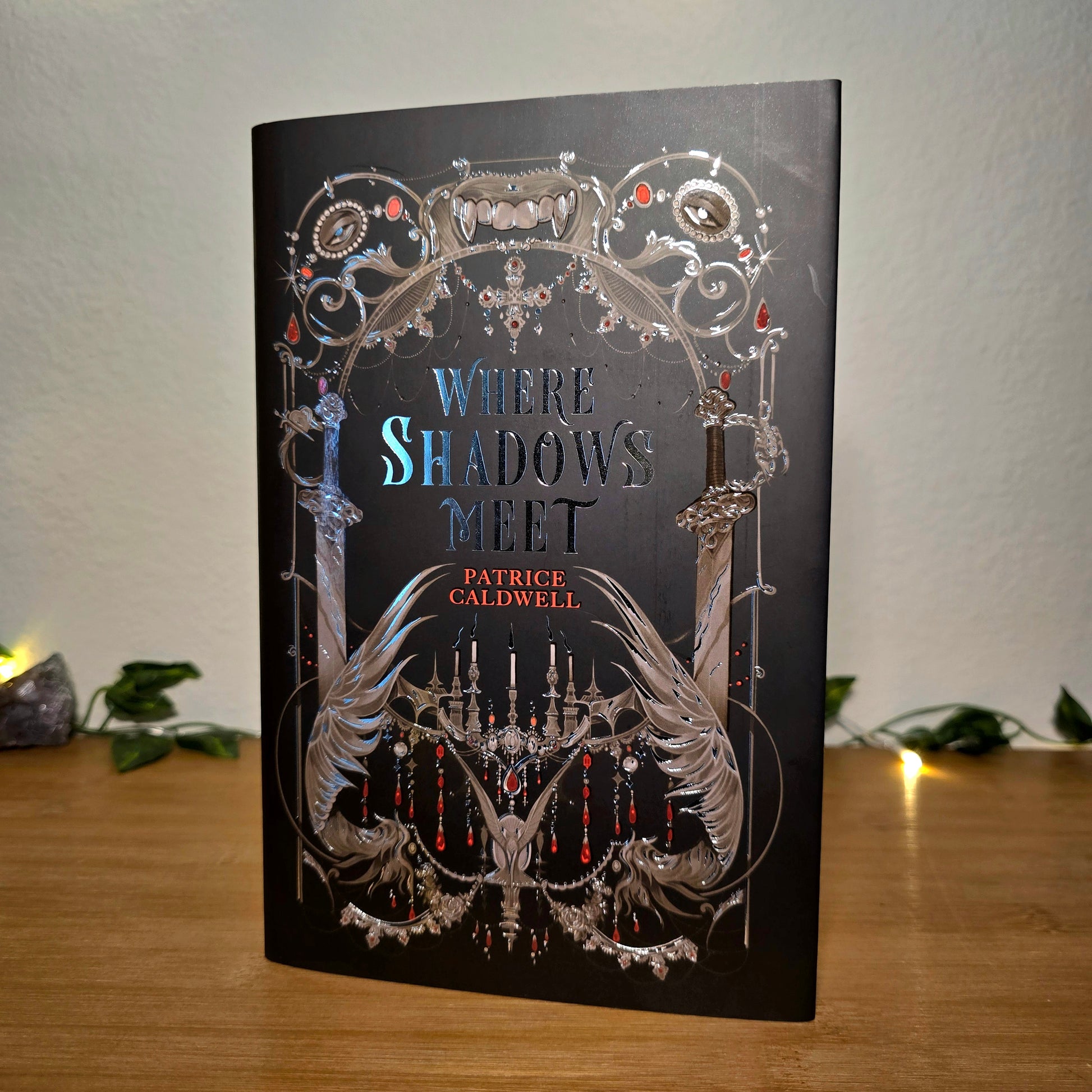 Book titled 'Where Shadows Meet' by Patrice Caldwell on a wooden surface with decorative elements.