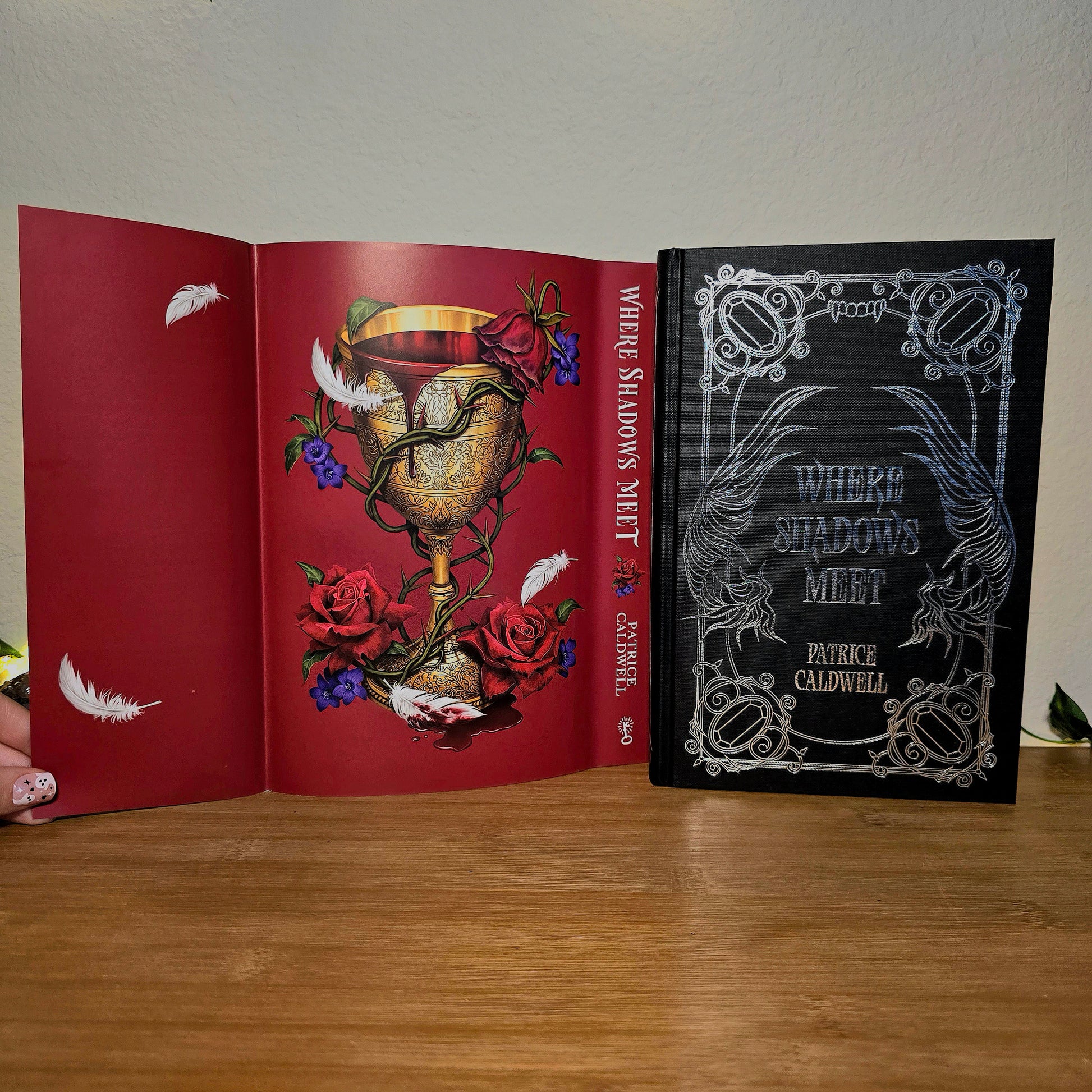 Open book with red interior pages featuring intricate designs and a black book titled 'Where Shadows Meet' on a wooden surface.