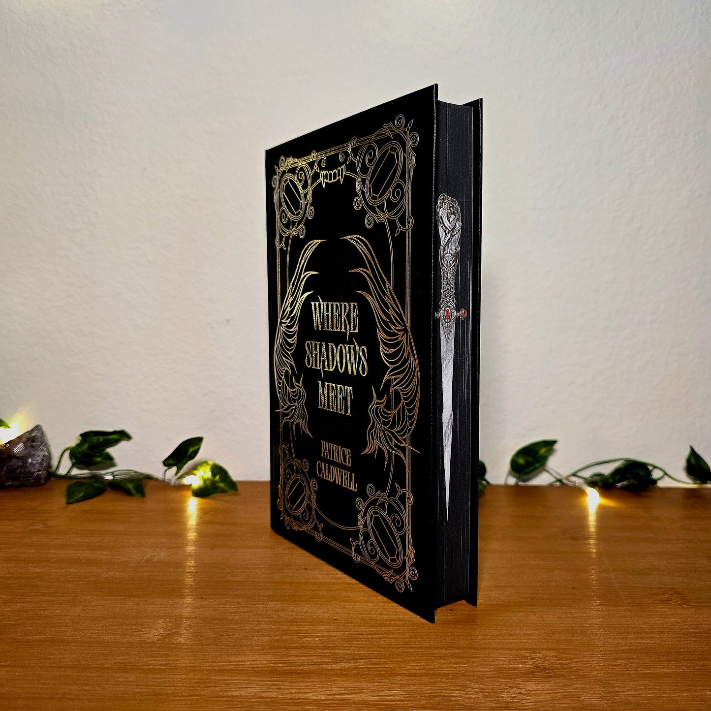 Decorative black book titled 'Where Shadows Meet' on a wooden surface with a white background