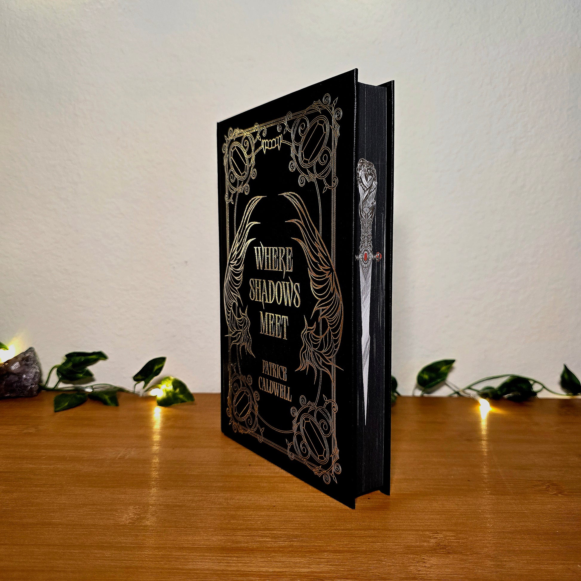 Decorative black book titled 'Where Shadows Meet' on a wooden surface with a white background