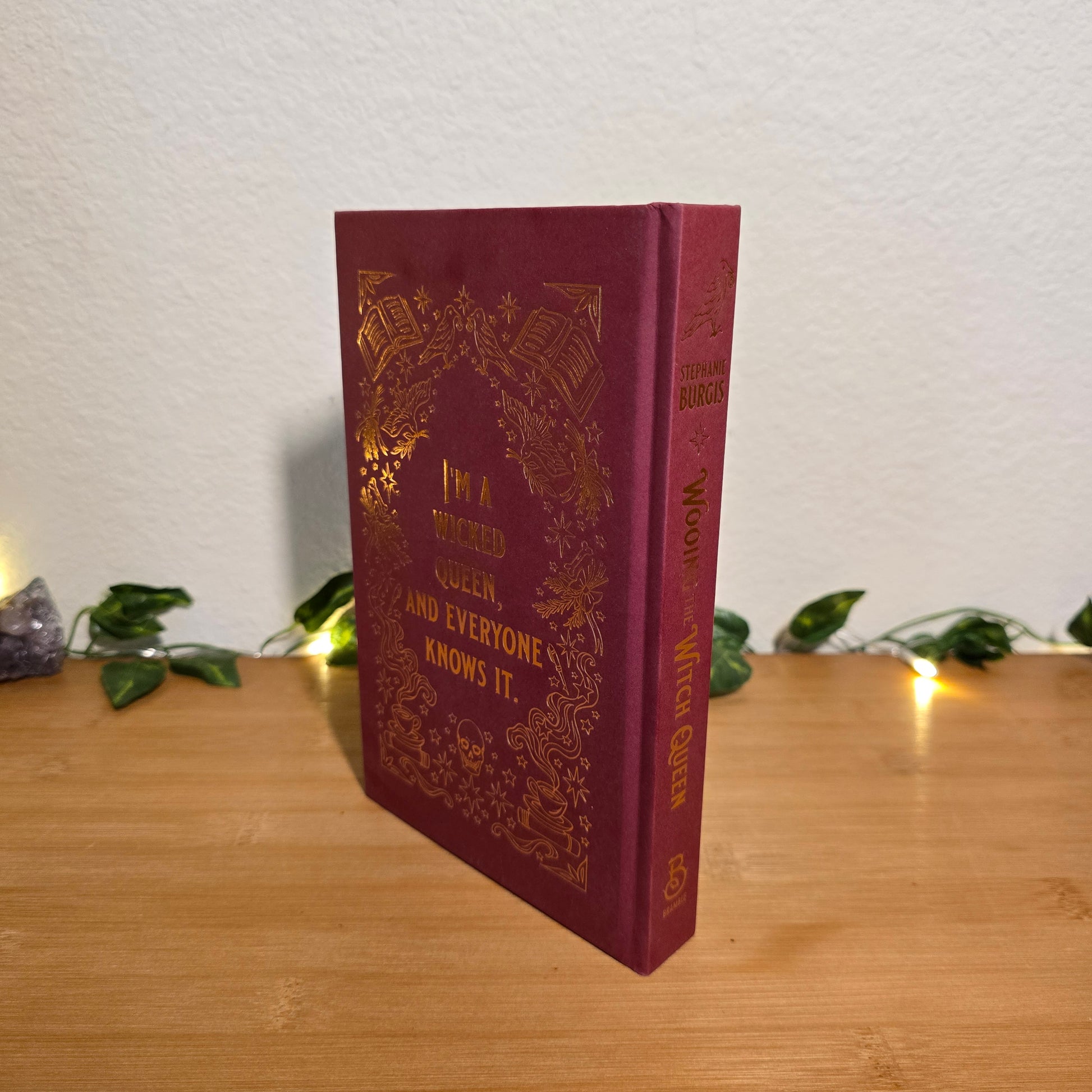 Decorative book titled 'Witch Queen' on a shelf with a wooden surface and string lights in the background.