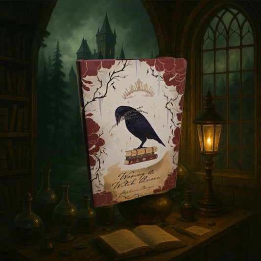 Decorative book with a crow illustration on a wooden table in a cozy, dimly lit room.